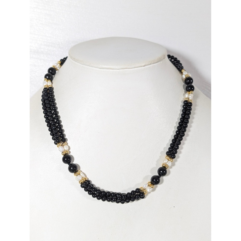 Vintage‎ Black Glass Freshwater Pearl Multi Strand Necklace Gold Tone 18"